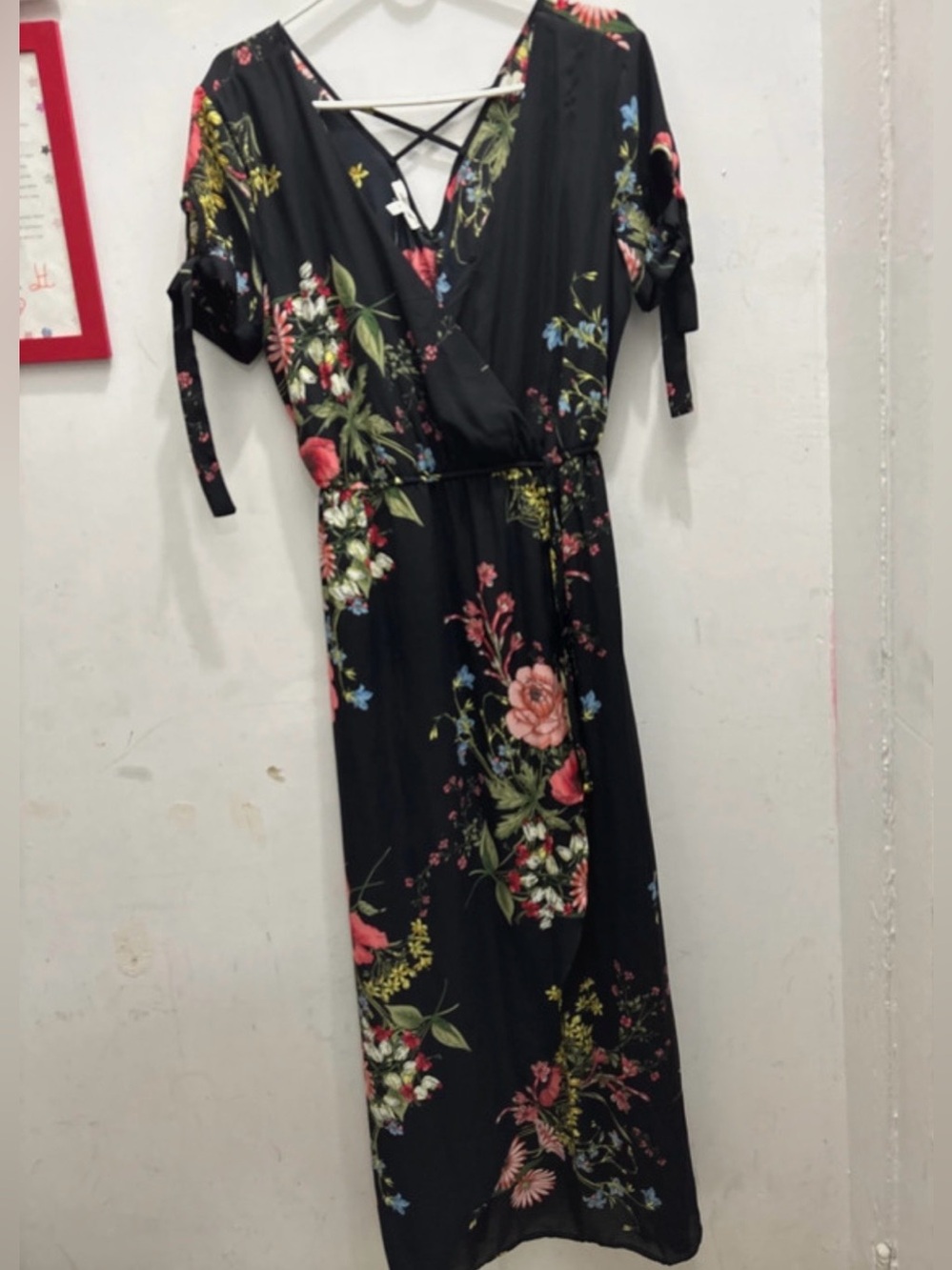 Floral Wrap Maxi Dress - Black with Pink & Green Floral size M